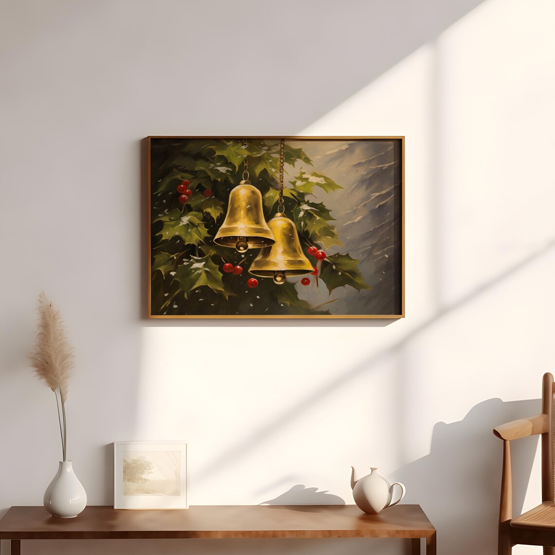 Golden Christmas Bells With Holly And Red Berries Winter Poster - Image 3