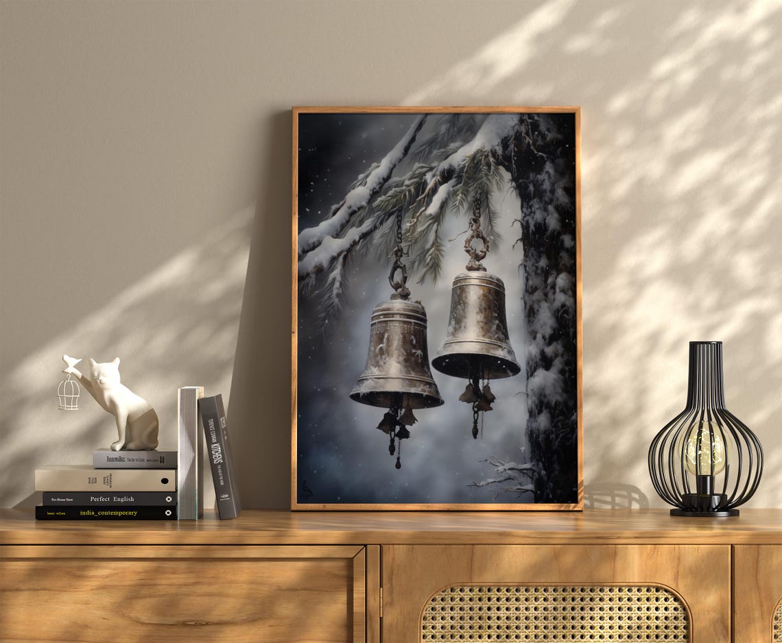Silver Winter Bells Snowy Pine Branch Vintage Christmas Poster - Image 2