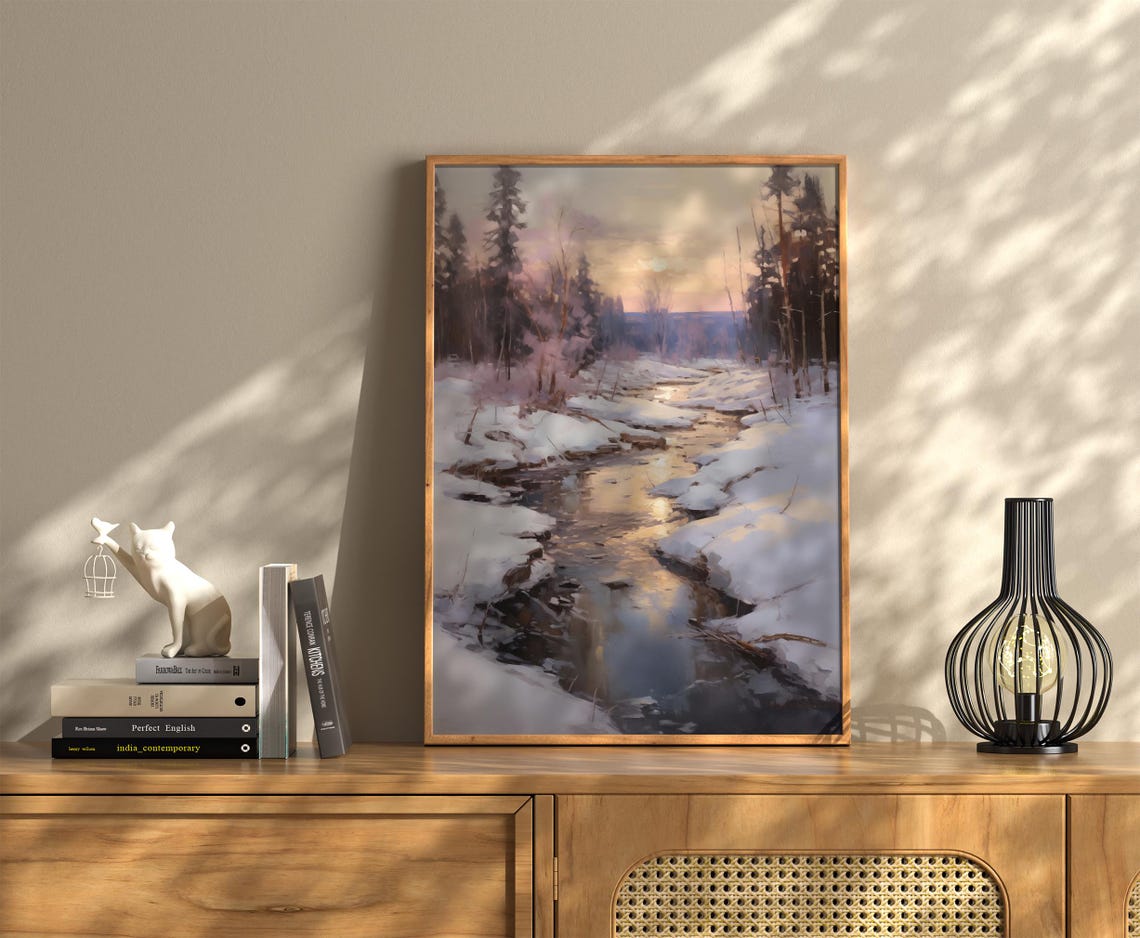 Snowy Forest Stream At Sunset Winter Twilight Water Reflection Poster - Image 2