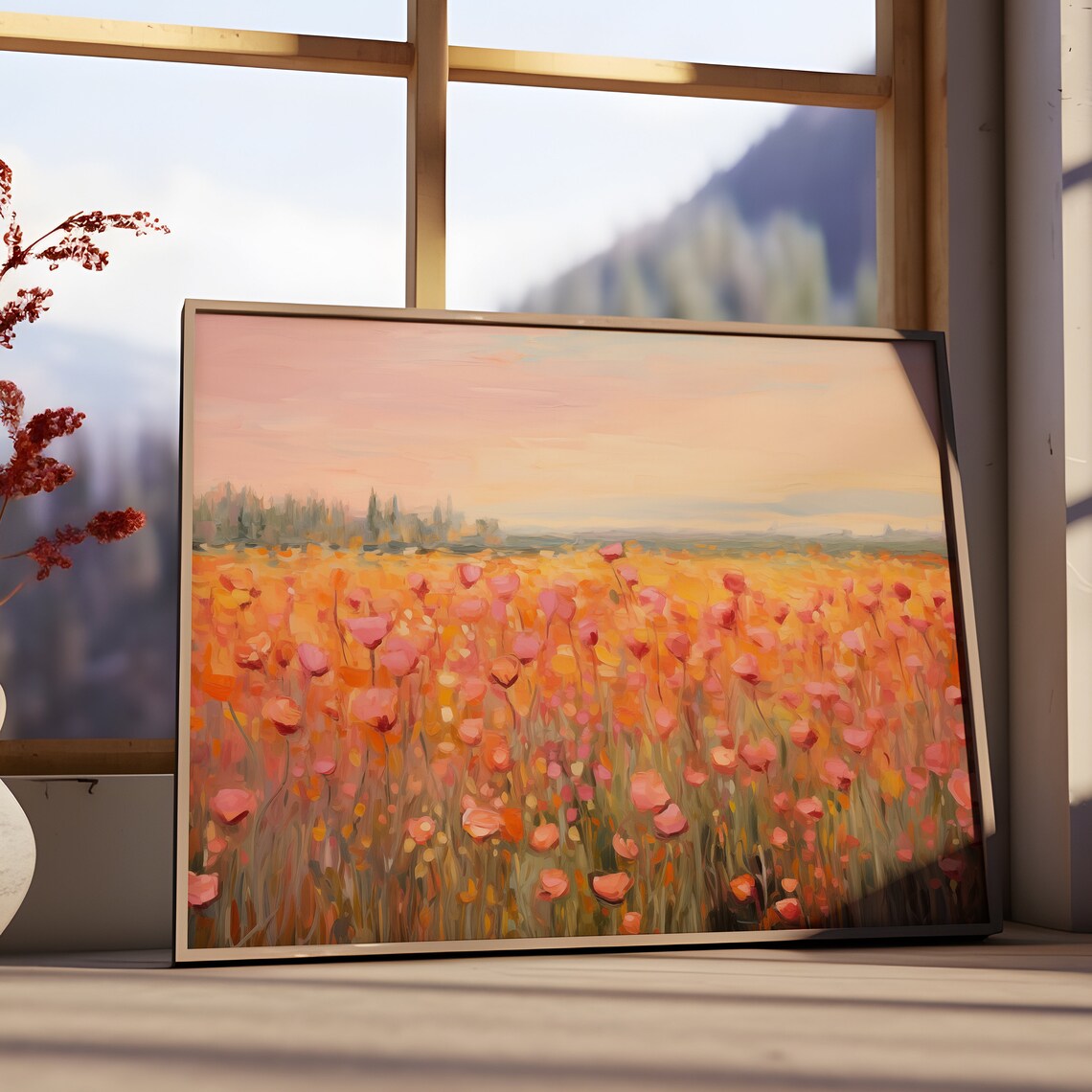 Orange Poppy Field At Sunset Impressionist Floral Meadow Wall Art - Image 3