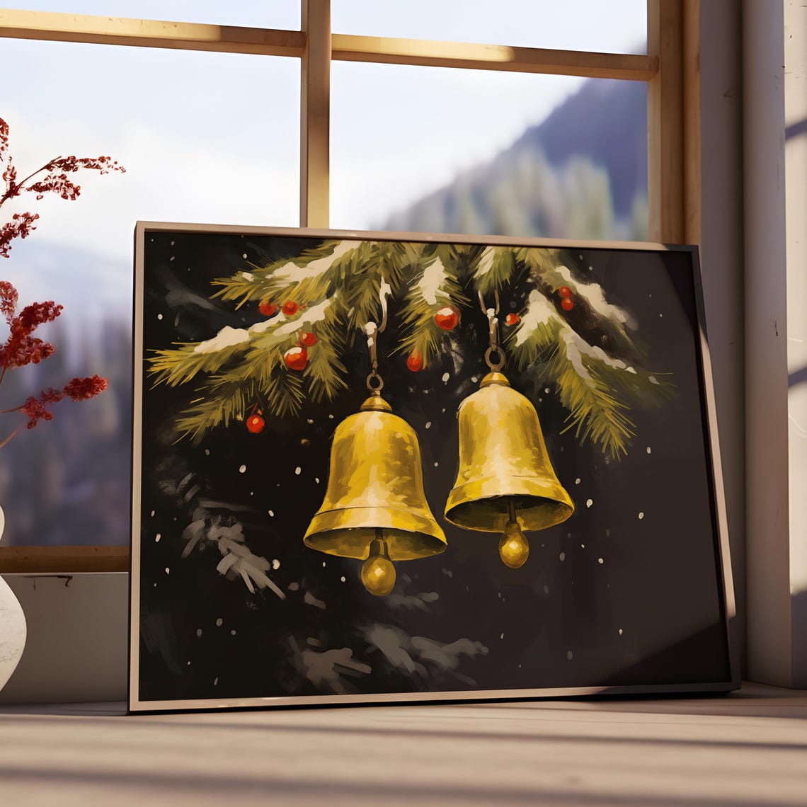 Golden Jingle Bells Hanging From Snowy Pine Branch Night Poster - Image 3