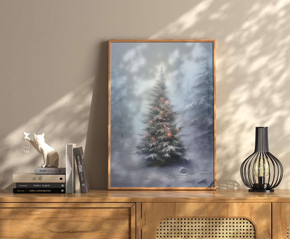Snowy Christmas Tree Pink Lights Delicate Misty Blue Forest Poster - Image 3
