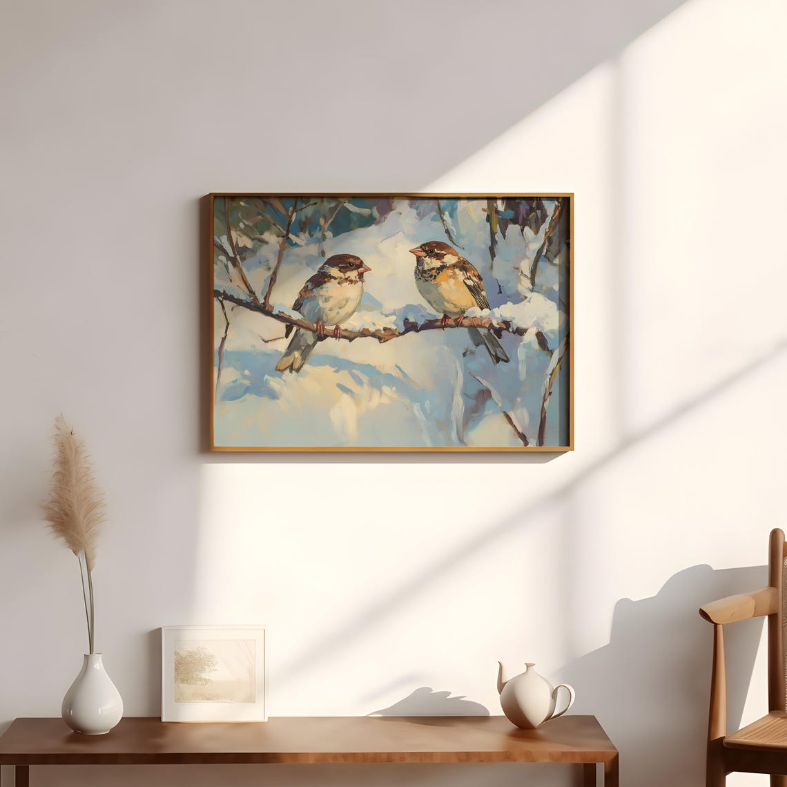 Two Sparrows Snowy Branch Blue Winter Songbird Pair Wall Art - Image 2