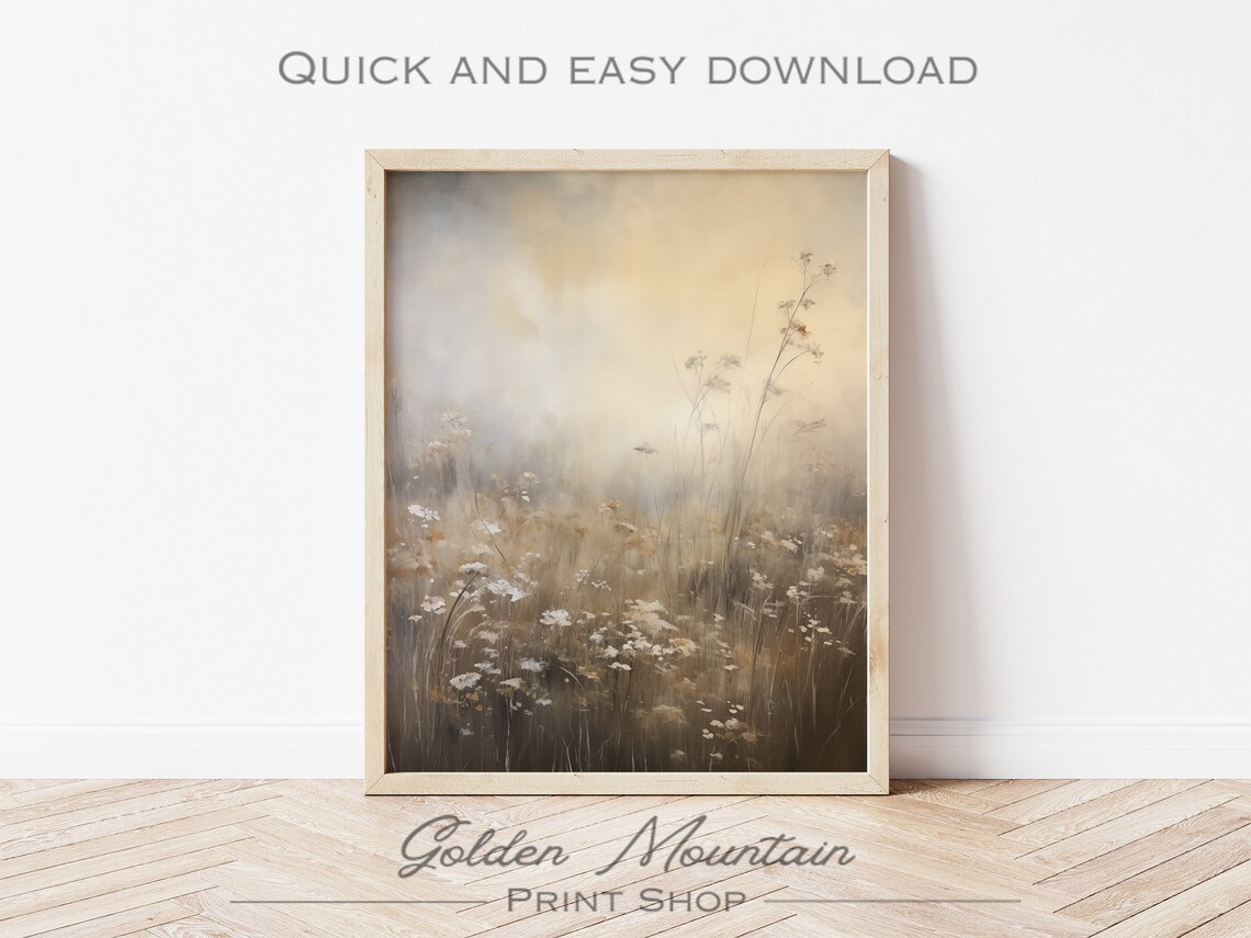 Misty Wildflower Field in Soft Beige Morning Tones Landscape Poster - Image 3