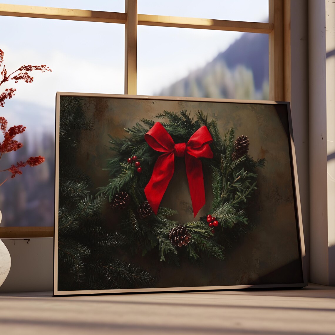 Christmas Wreath, Vintage Holiday Front Door Art Print - Image 3