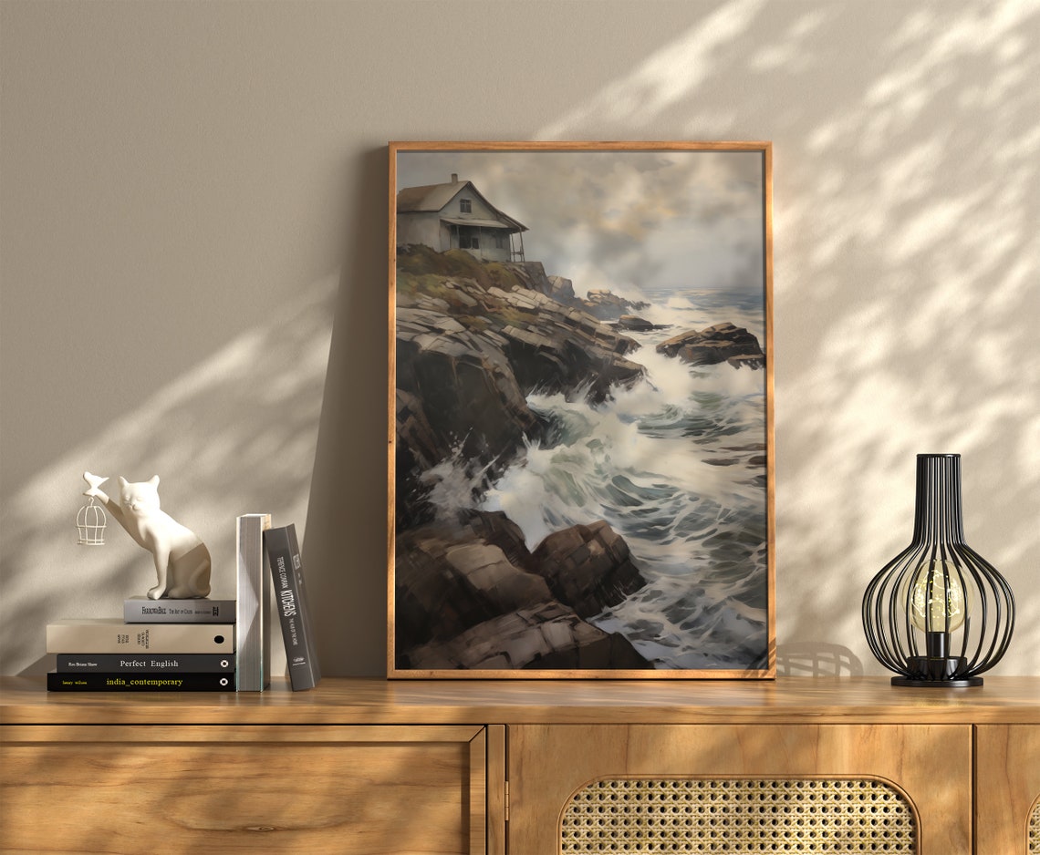 Rocky Coastal Cliffs Crashing Waves Seaside Cottage Art Poster - Image 3