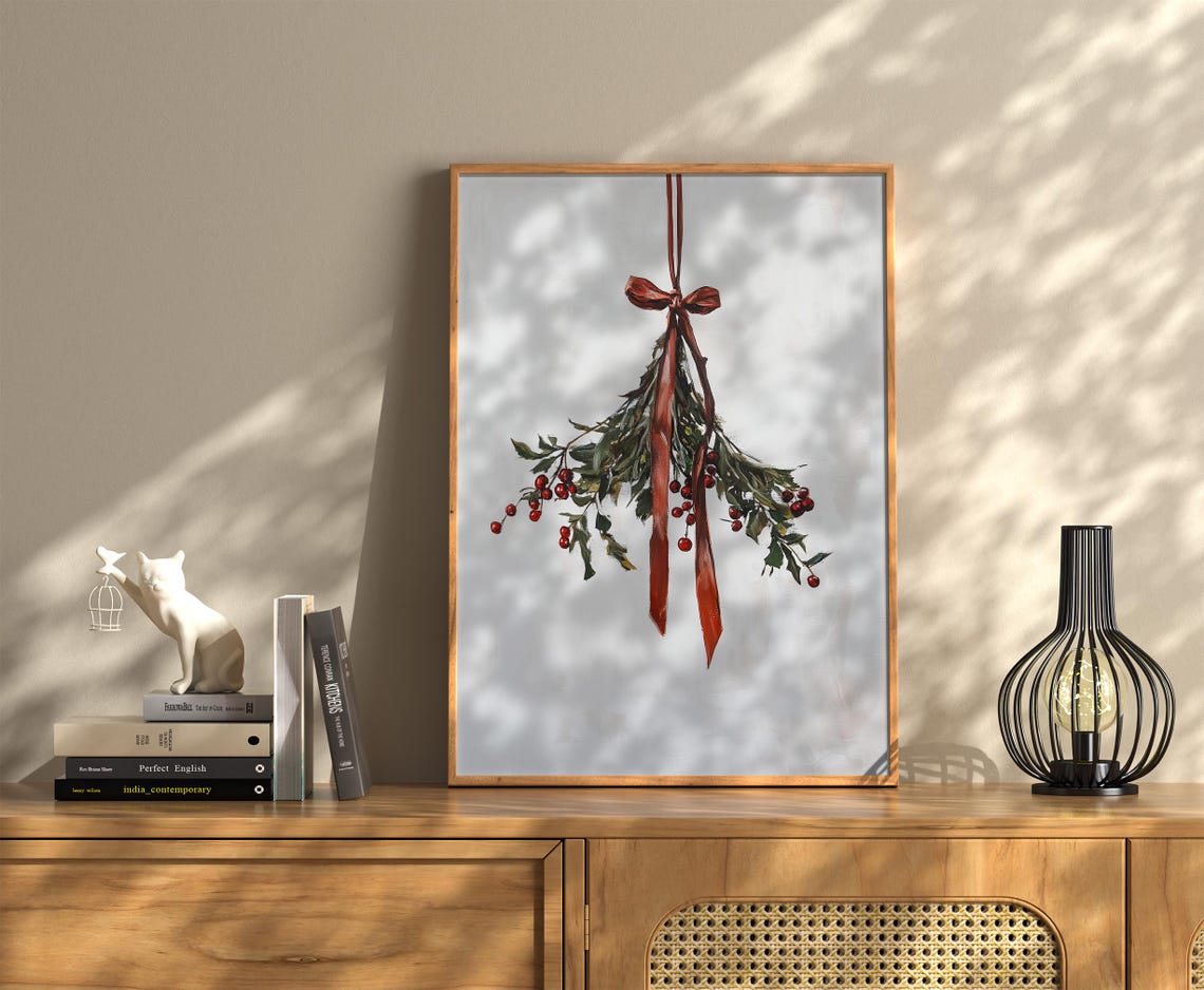 Red Berry Christmas Sprig Ribbon Vintage Botanical Holiday Wall Art - Image 2