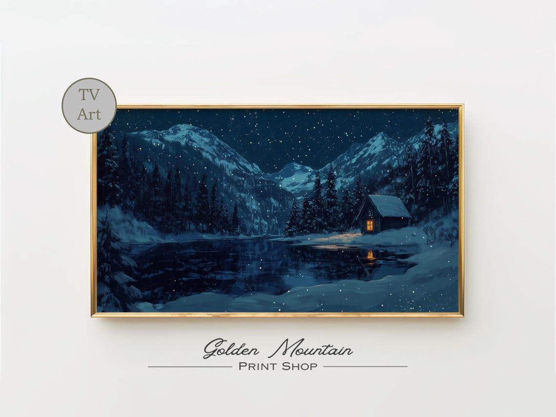 Snowy Cabin on Frozen Lake Winter Night Mountains TV Wall Art