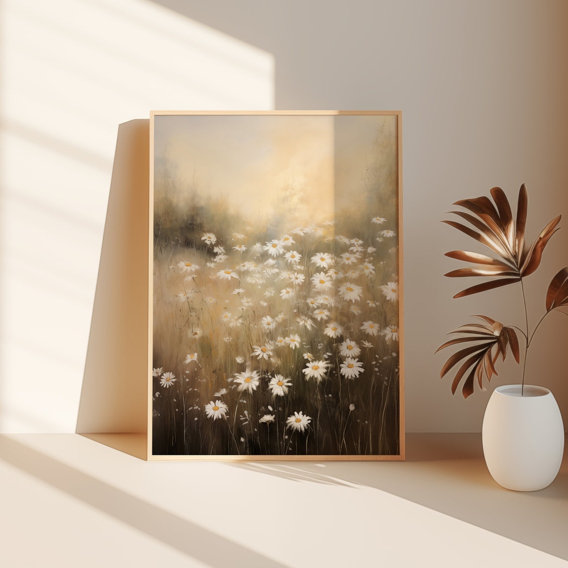 Daisy Field Golden Hour Misty Summer Wildflower Decor Wall Art - Image 2