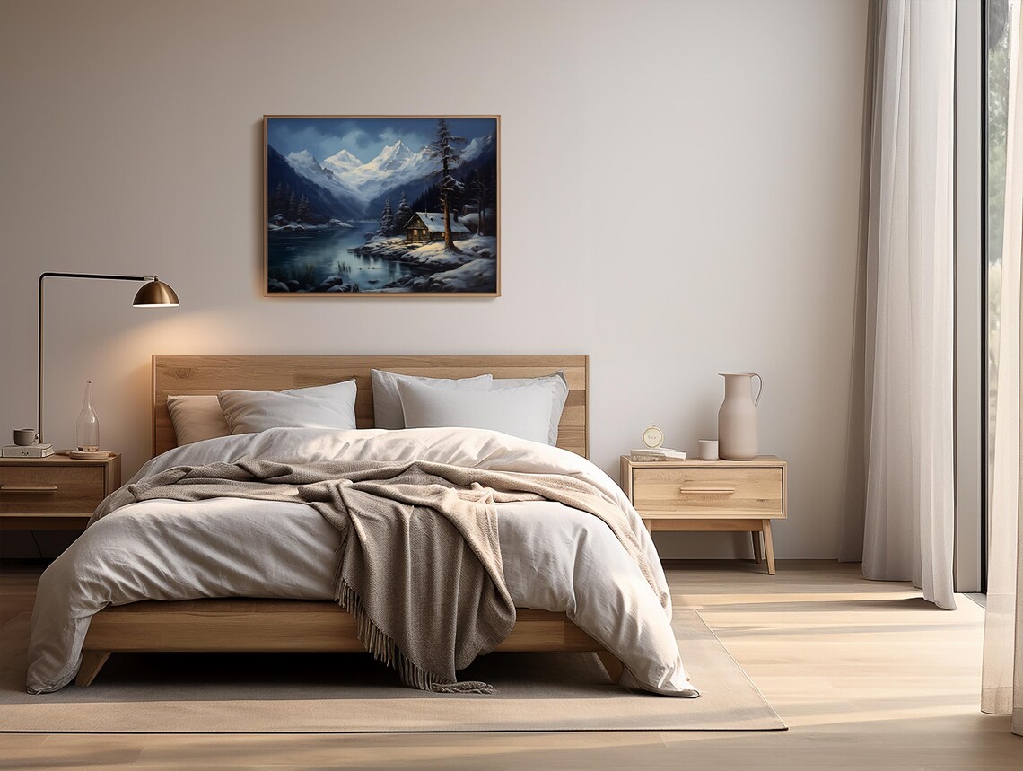 Vintage Winter Night Holiday Landscape Painting Christmas Forest Wall Art Christmas Decor Wall Art Moody Wall Art Mountain Wall Art Seasonal - Image 2