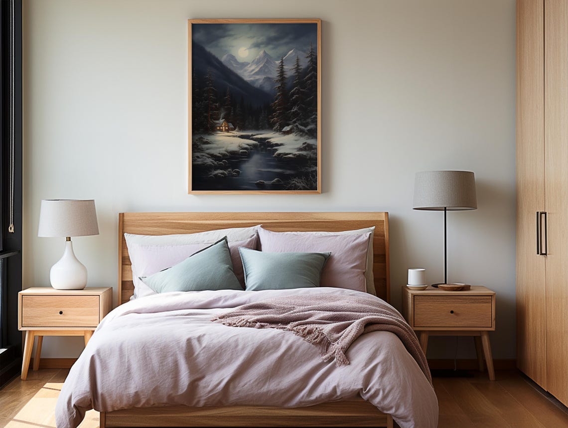 Moonlit Snowy Mountain Night With Glowing Cabin And Stream Poster - Image 2