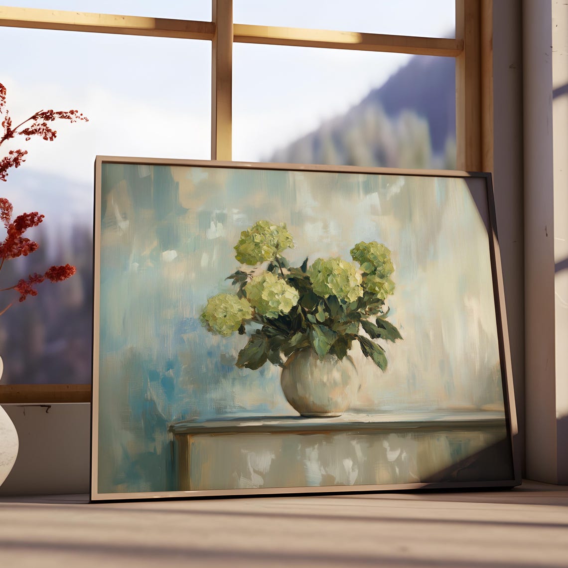 Lime Green Hydrangeas Pale Vase Soft Blue Floral Painting Print - Image 3