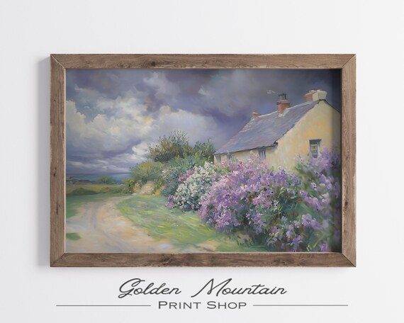 Coastal Cottage Lilac Bush Stormy Sky Country Lane Oil Poster