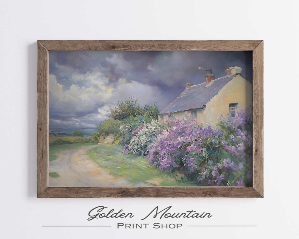 Coastal Cottage Lilac Bush Stormy Sky Country Lane Oil Poster