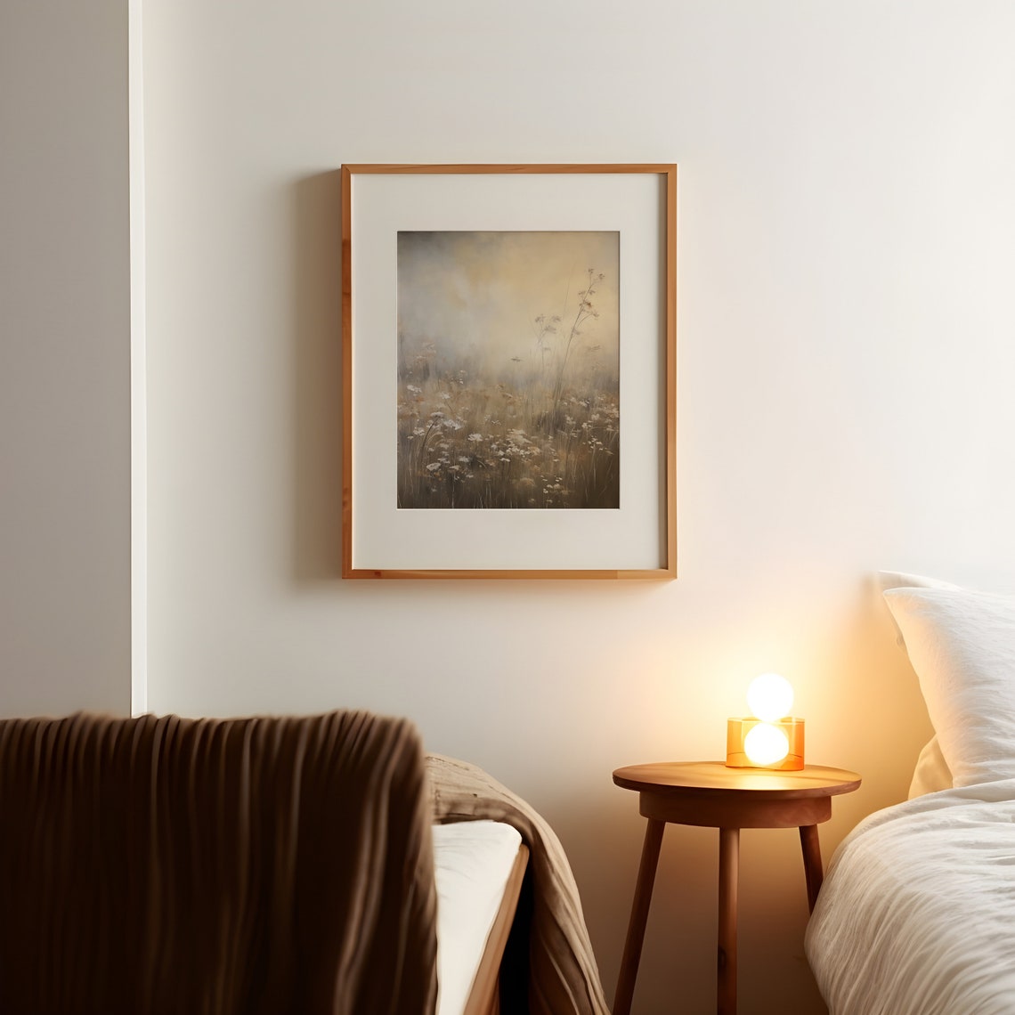 Misty Wildflower Field in Soft Beige Morning Tones Landscape Poster - Image 2