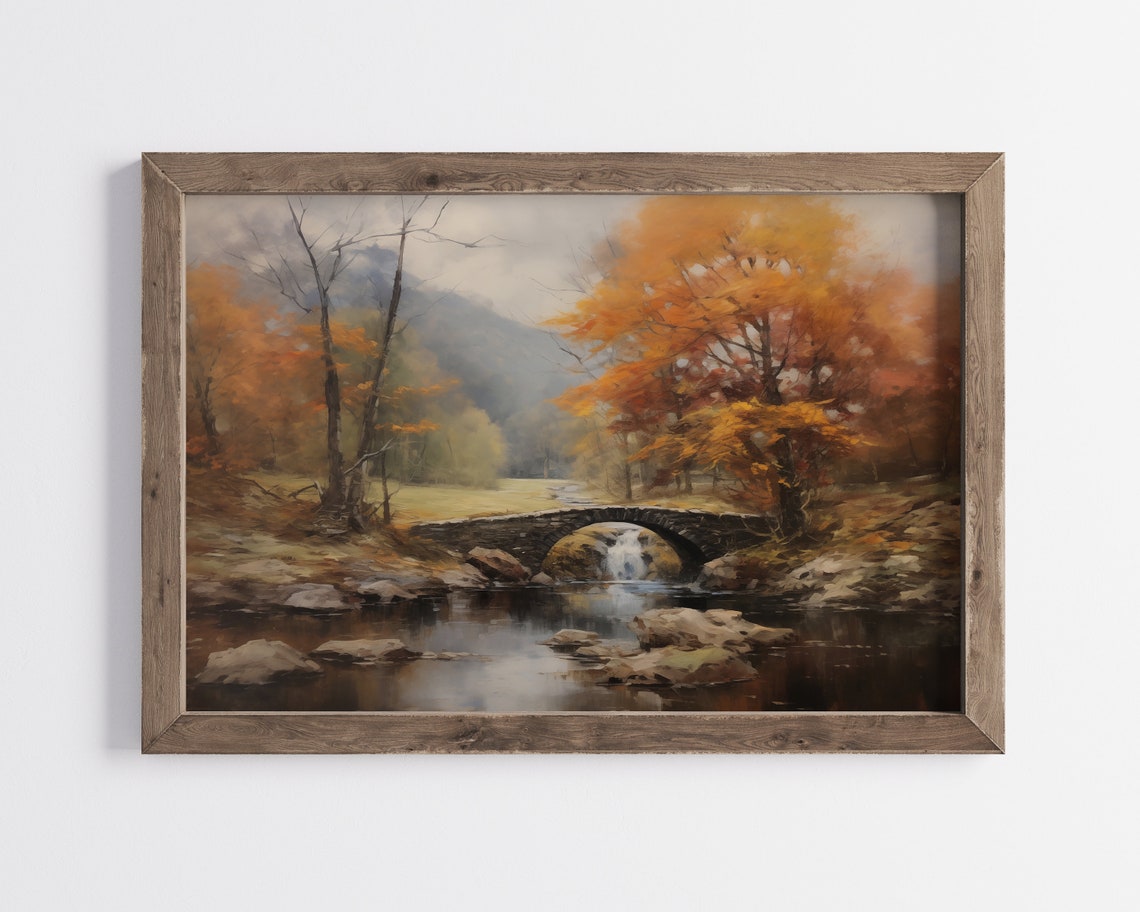 Autumn Stone Bridge Waterfall Pond Serene Fall Forest Poster - Image 2