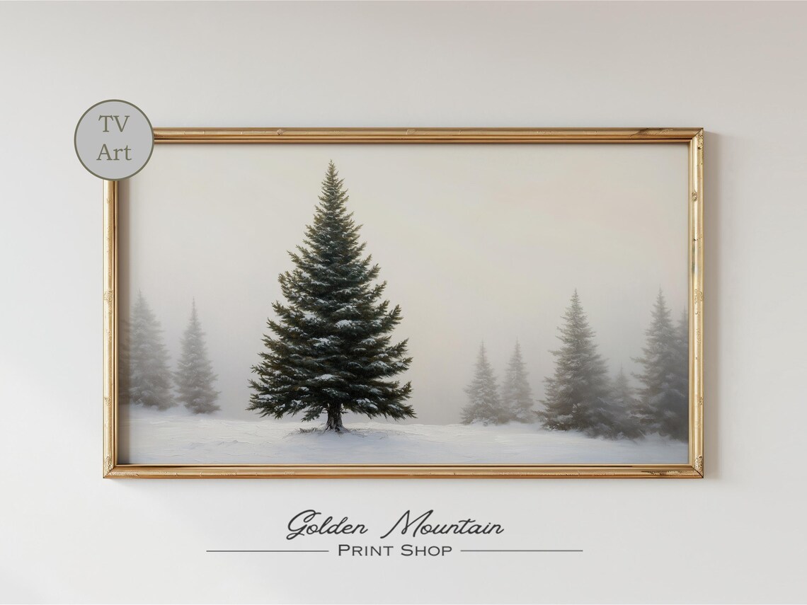 Snowy Pine Tree Foggy Field Winter Minimalist Nature TV Wall Art - Image 2