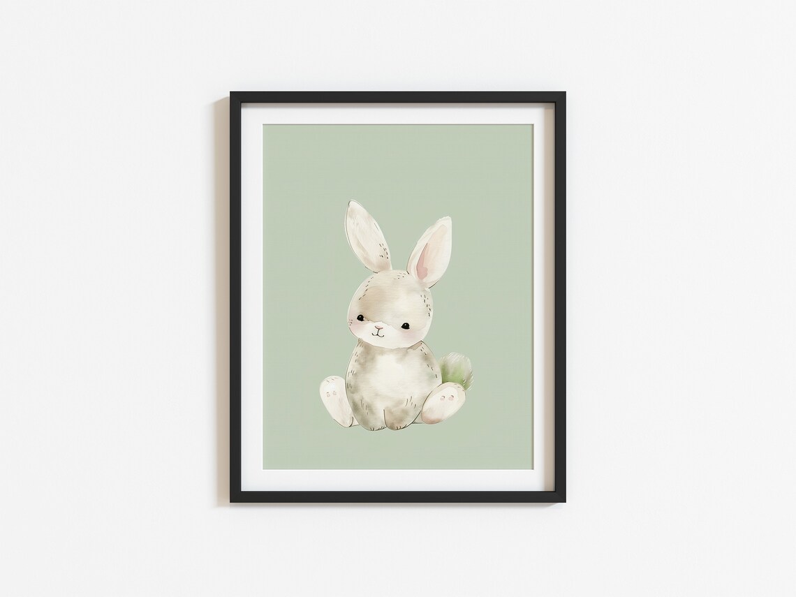 Cute Baby Bunny Sage Green Watercolor Nursery Animal Decor Print - Image 3