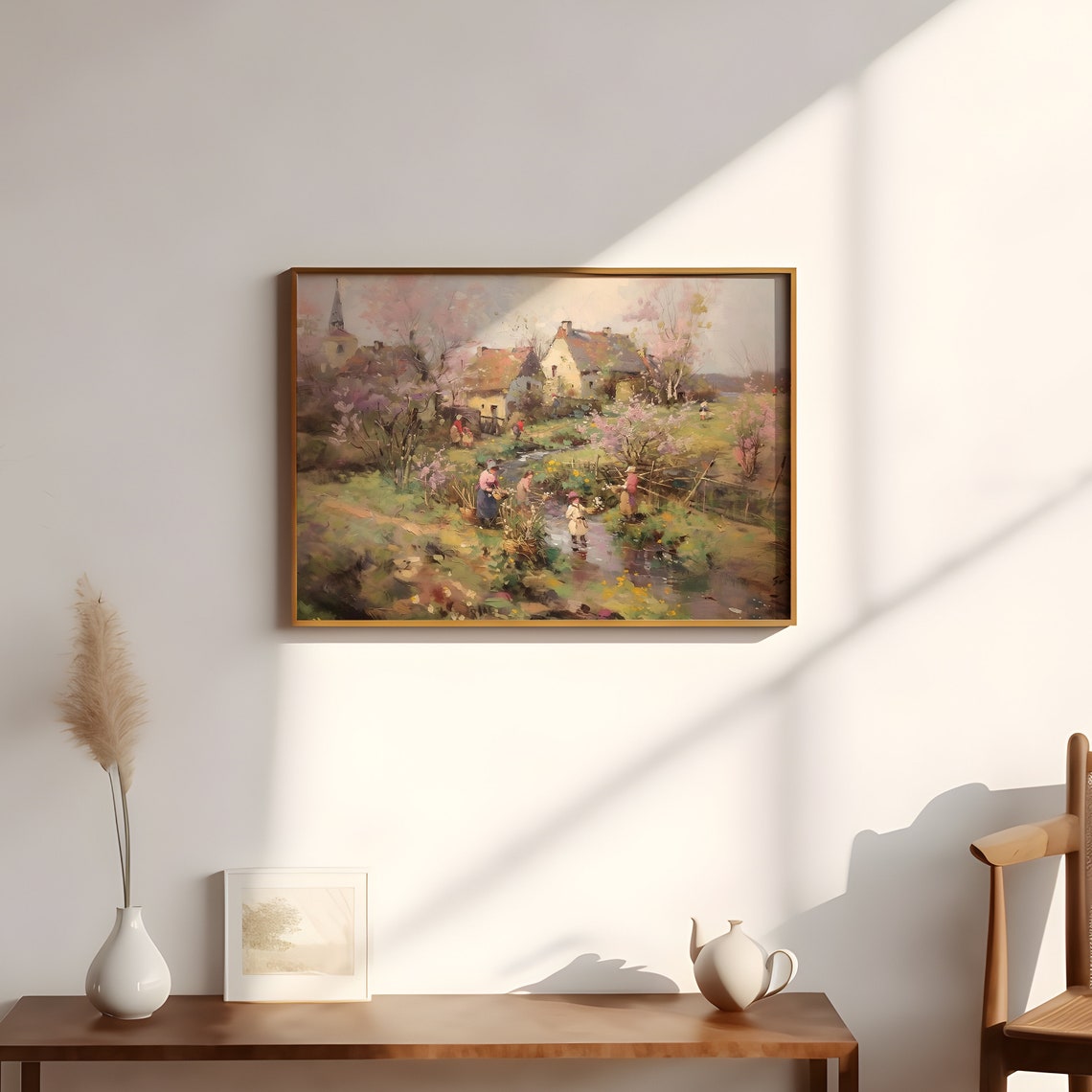 Old Village by the Stream in Soft Spring Blossom Scenic Poster - Image 3