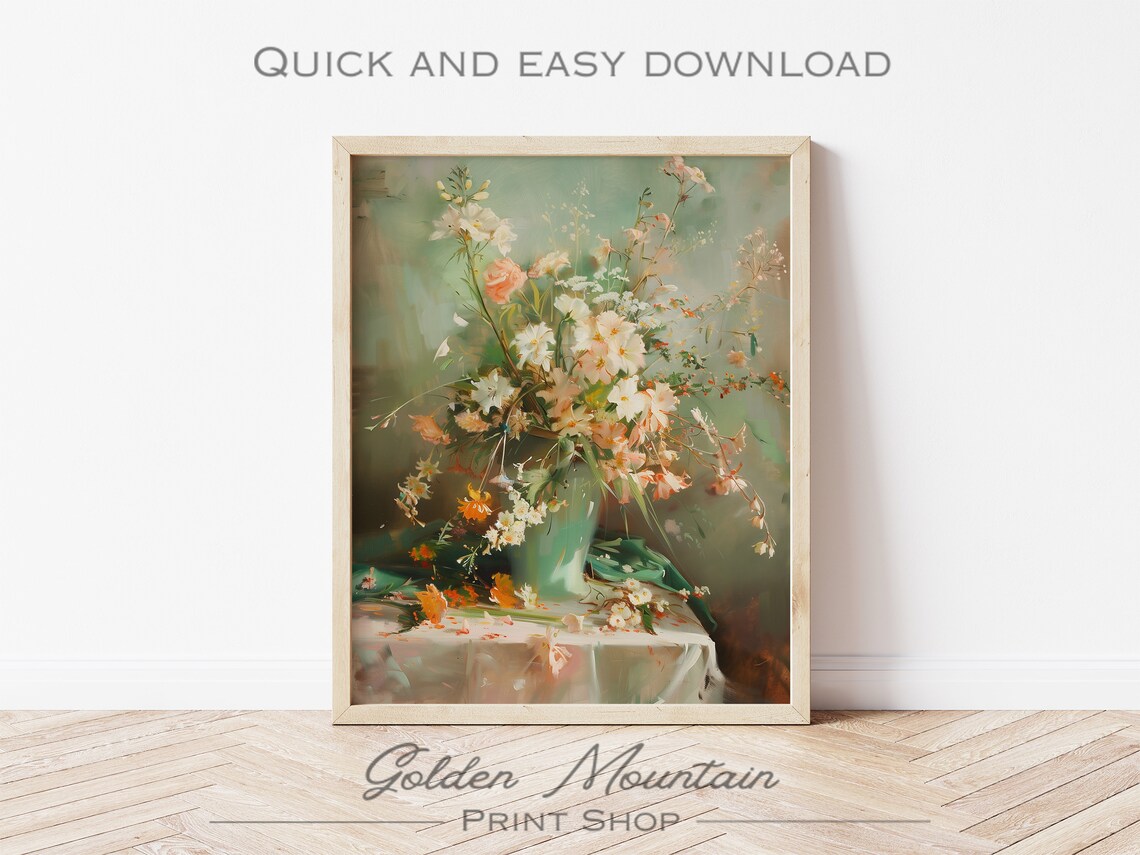 Pastel Wildflower Bouquet Green Vase Vintage Still Life Poster - Image 3