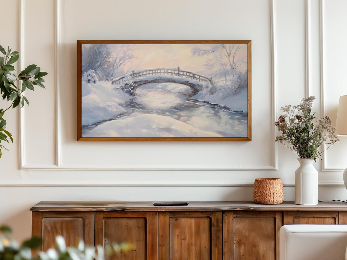 Snowy Wooden Footbridge Winter Stream Pastel Landscape TV Wall Art - Image 3