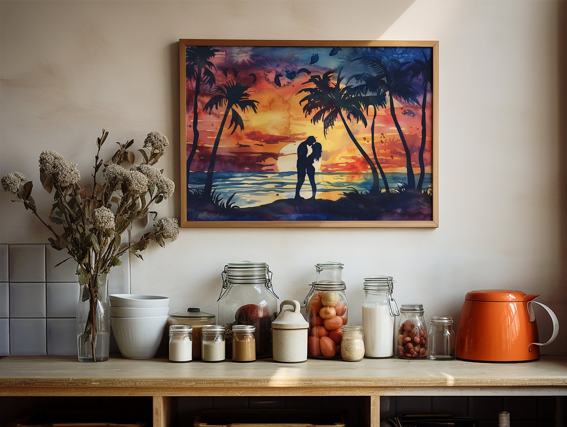 Romantic Sunset Beach Kiss Couple Silhouette Palm Trees Art Poster - Image 2