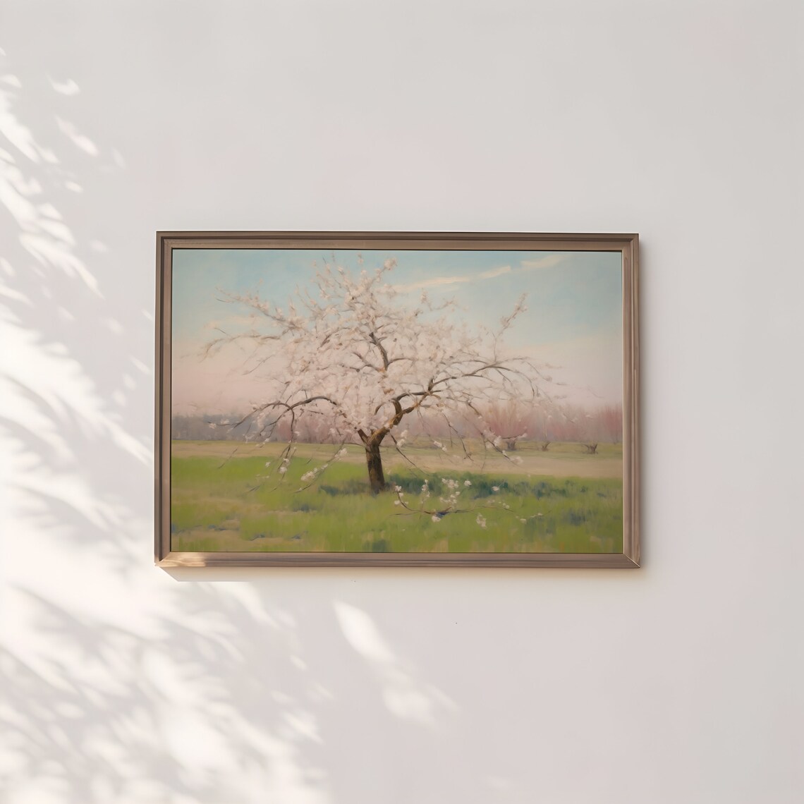White Cherry Blossom Tree in Bloom Spring Pastoral Meadow Landscape Poster - Image 2