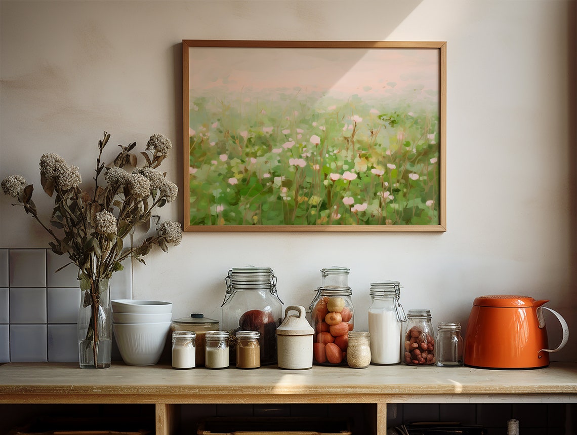 Soft Pink Wildflower Meadow Abstract Spring Pastel Landscape Print - Image 2