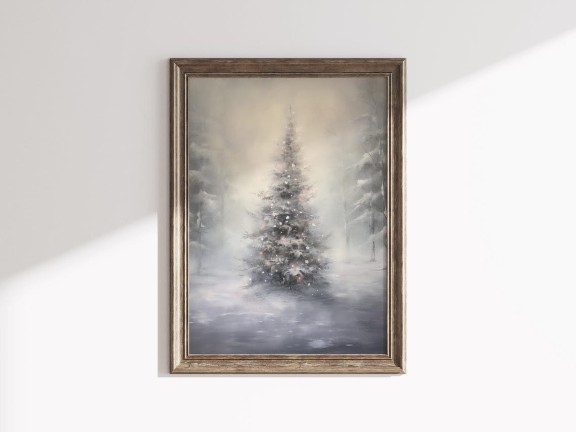 Petite Snowy Christmas Tree Softly Lit Lavender Mist Winter Poster - Image 2