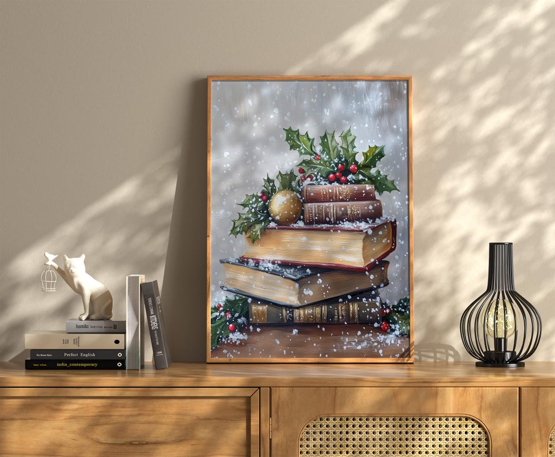 Vintage Books Falling Snow Holly Gold Ornament Christmas Poster - Image 2
