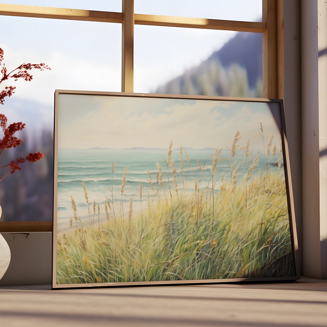 Beach Dune Grass Golden Turquoise Ocean Vintage Coastal Poster - Image 3