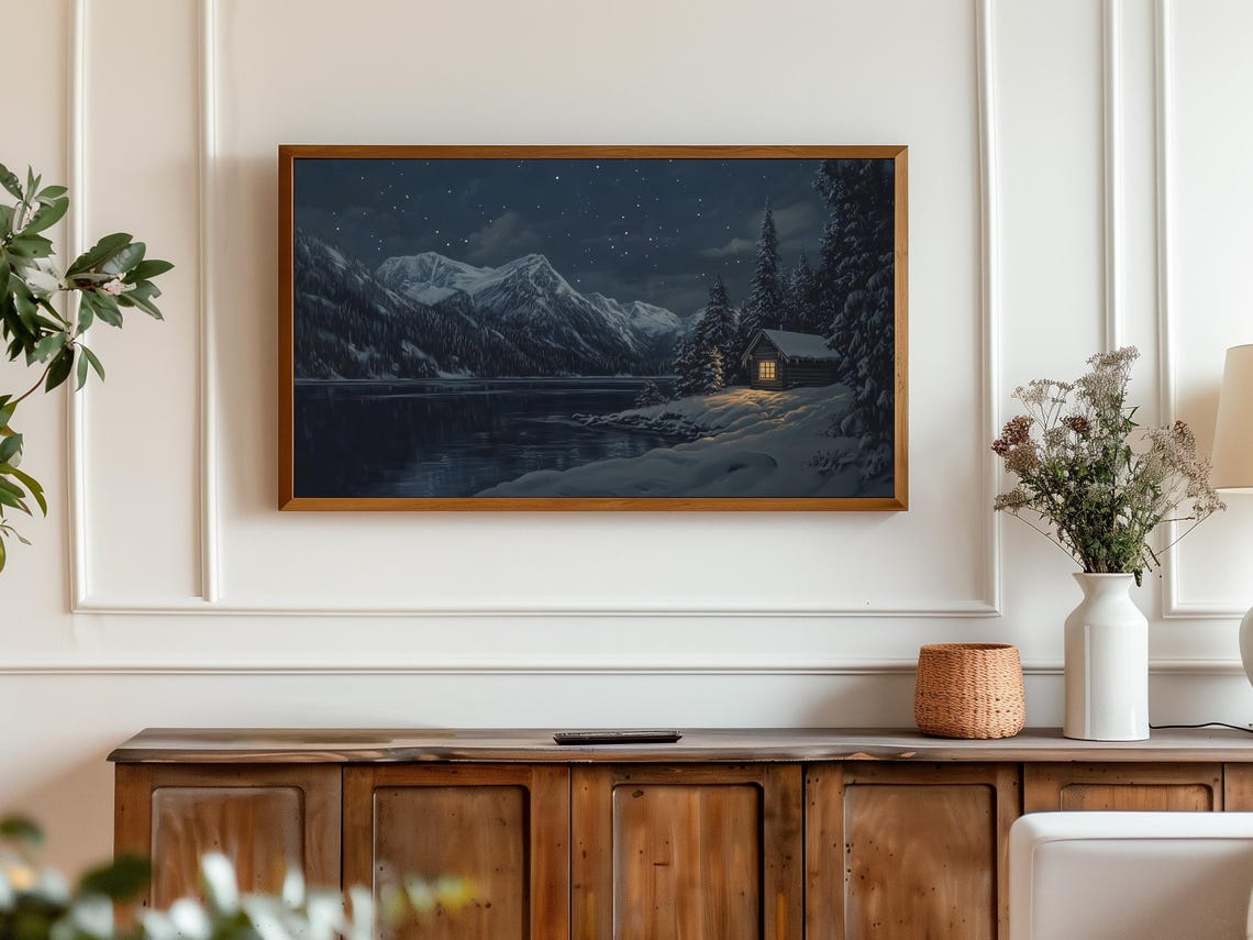 Starry Night Mountain Lake Cabin Snowy Winter Landscape Wall Art - Image 3