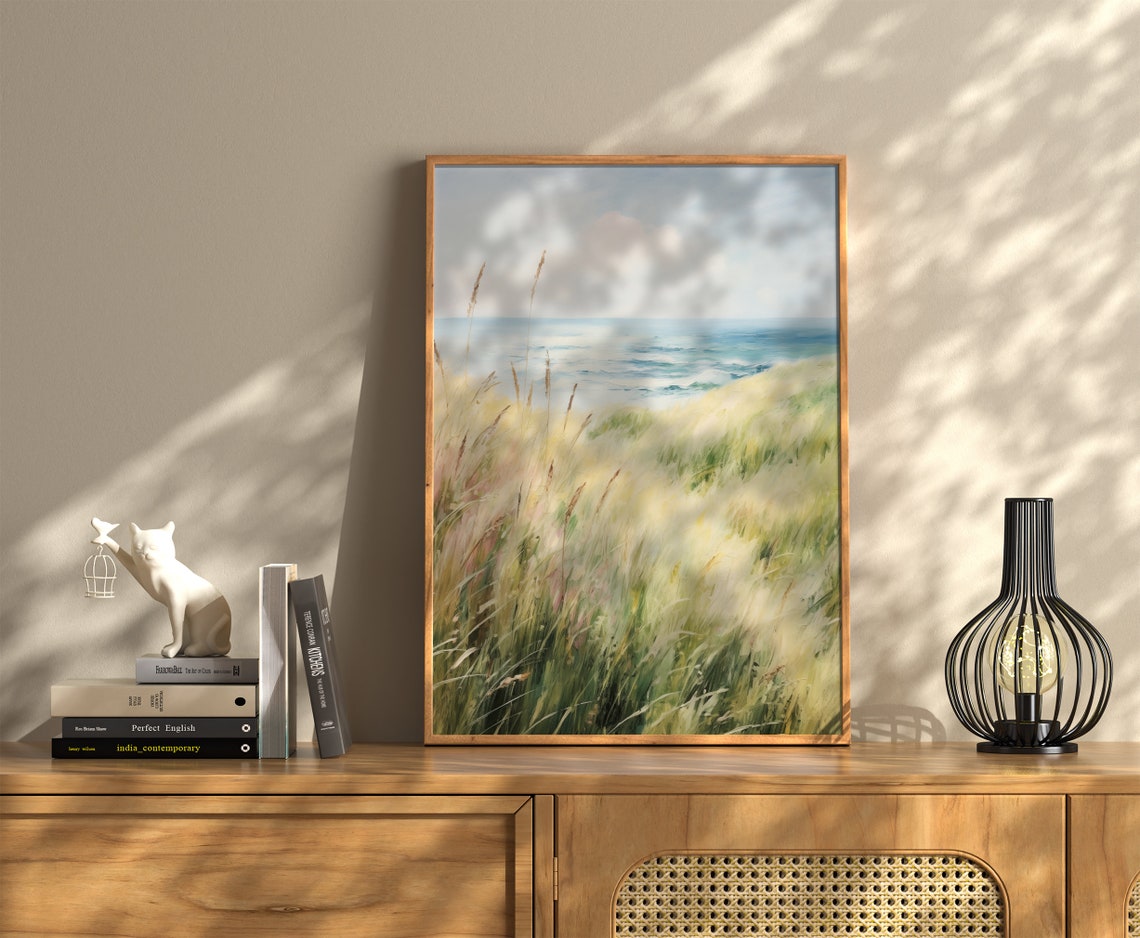 Windblown Beach Grass Dunes Meeting the Ocean Coastal Scene Poster - Image 2