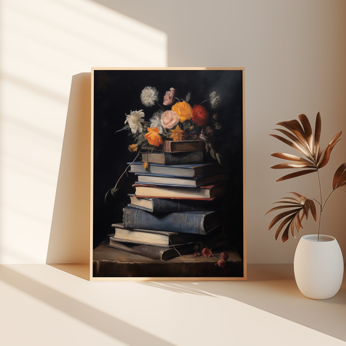 Moody Book Stack Art Print, Dark Academia Floral - Image 2