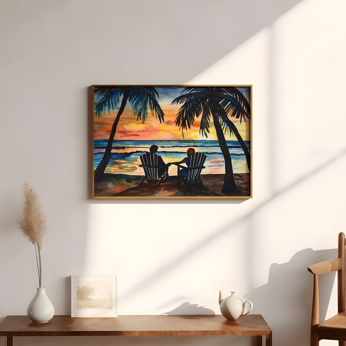 Couple in Adirondack Chairs Tropical Beach Sunset Watercolor Poster - Image 2
