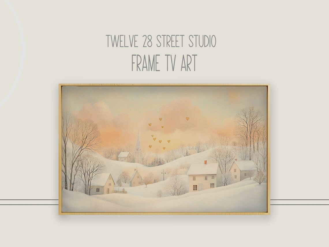 Snowy Village Peach Sunset Golden Hearts Winter Valentine's Art Poster
