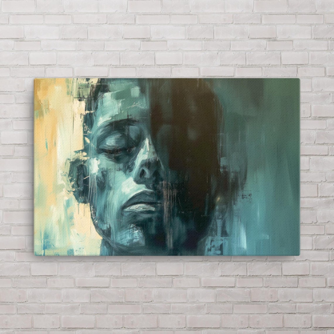 Abstract Surreal Face Portrait Muted Teal Moody Conceptual Art Poster - Image 2