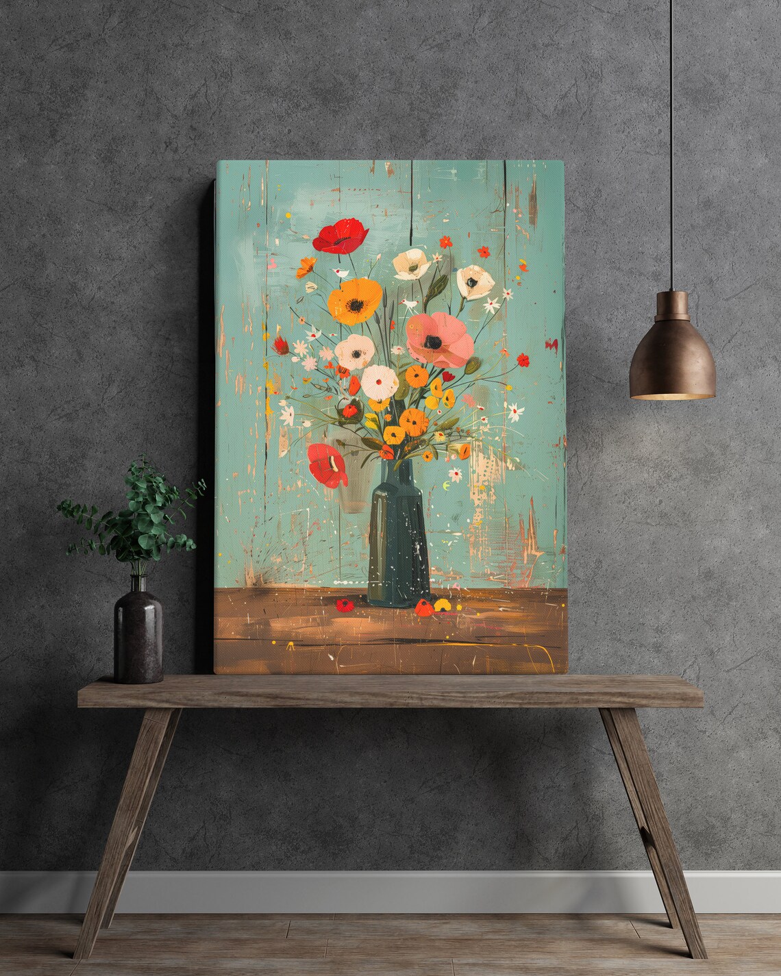 Rustic Flower Bouquet Vase Teal Still Life Country Farmhouse Poster - Image 4