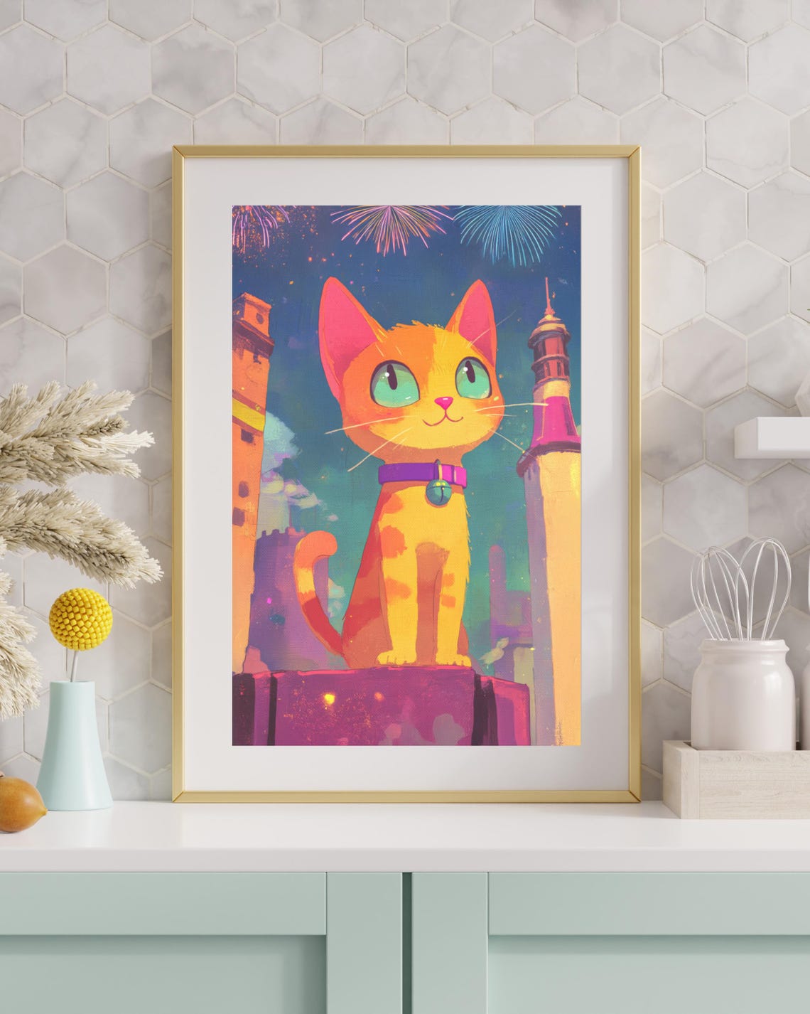 Orange Cartoon Cat Watching Fireworks City Night Fun Kids Room Poster - Image 2