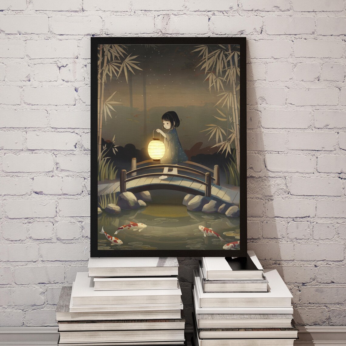Koi Pond and Lantern Watercolor Art Print, Retro Japanese - Image 2