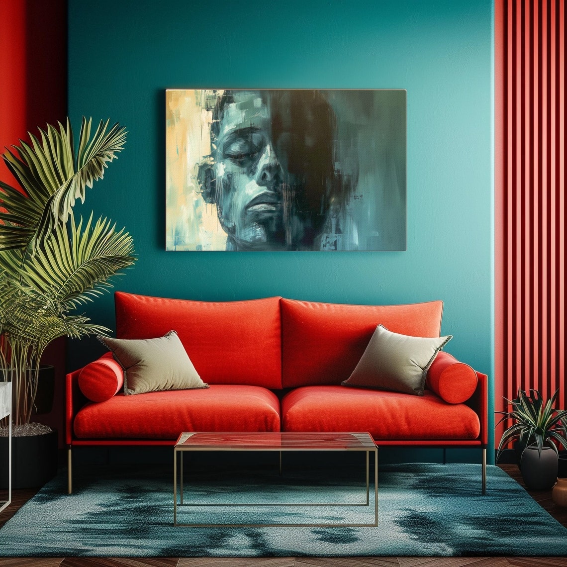 Abstract Surreal Face Portrait Muted Teal Moody Conceptual Art Poster - Image 4