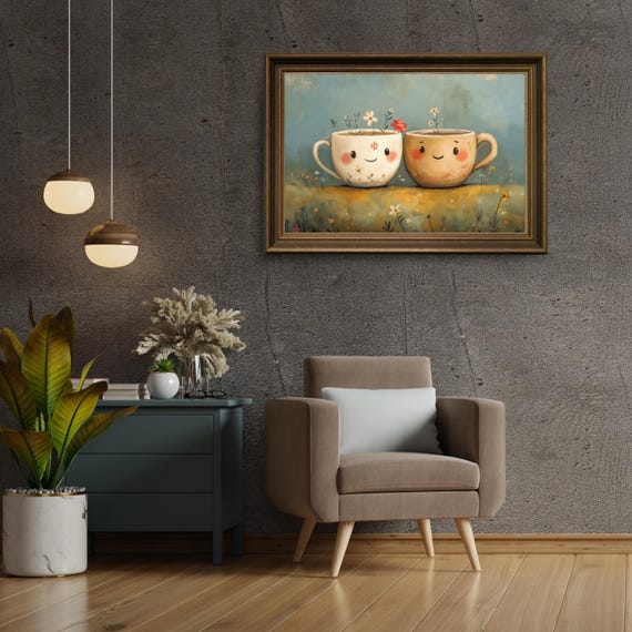 Adorable Coffee Art Cute Couple Gift For Coffee Lovers Kitchen Wall Decor Coffee Shop Painting Cheers Print Coffee Wall Art