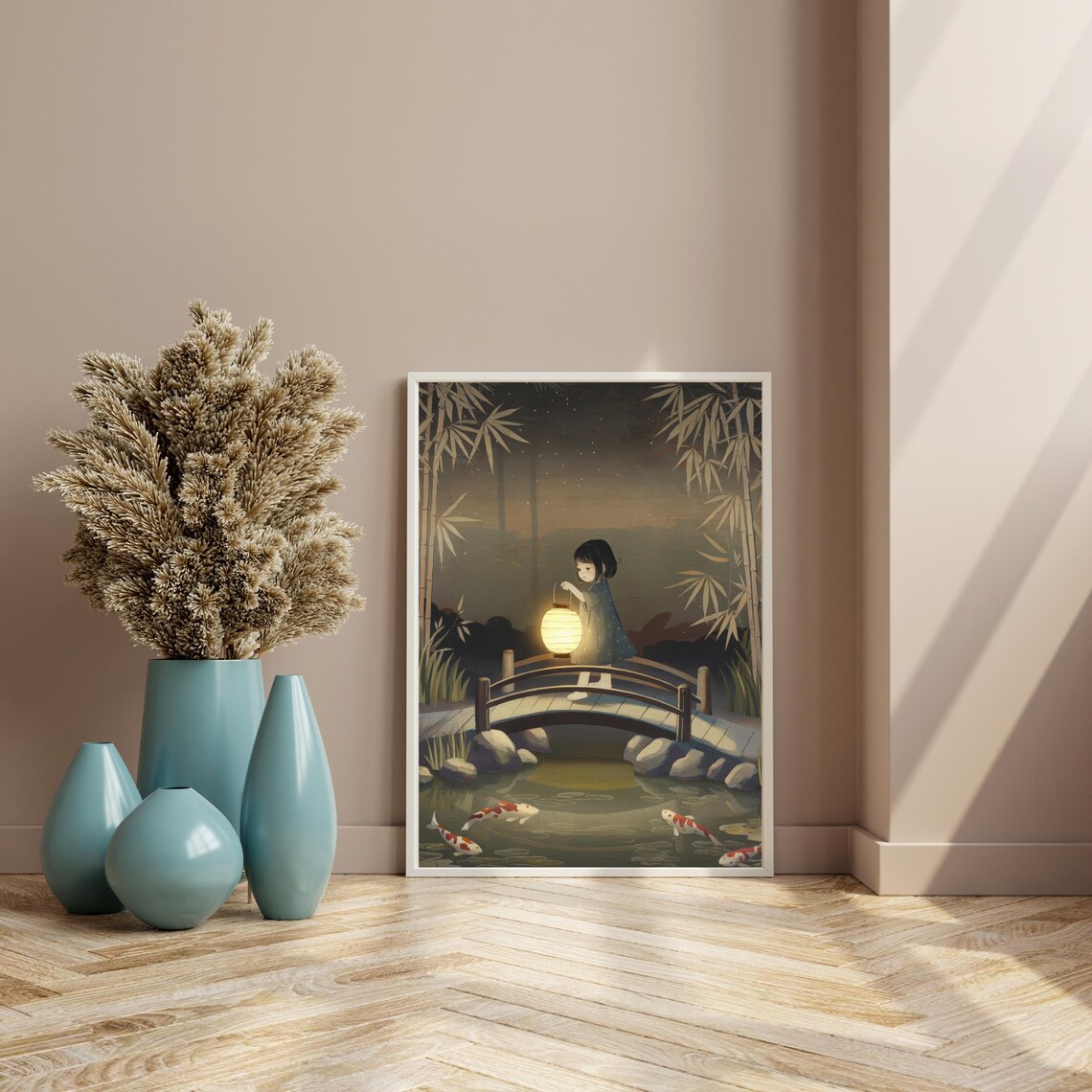 Koi Pond and Lantern Watercolor Art Print, Retro Japanese