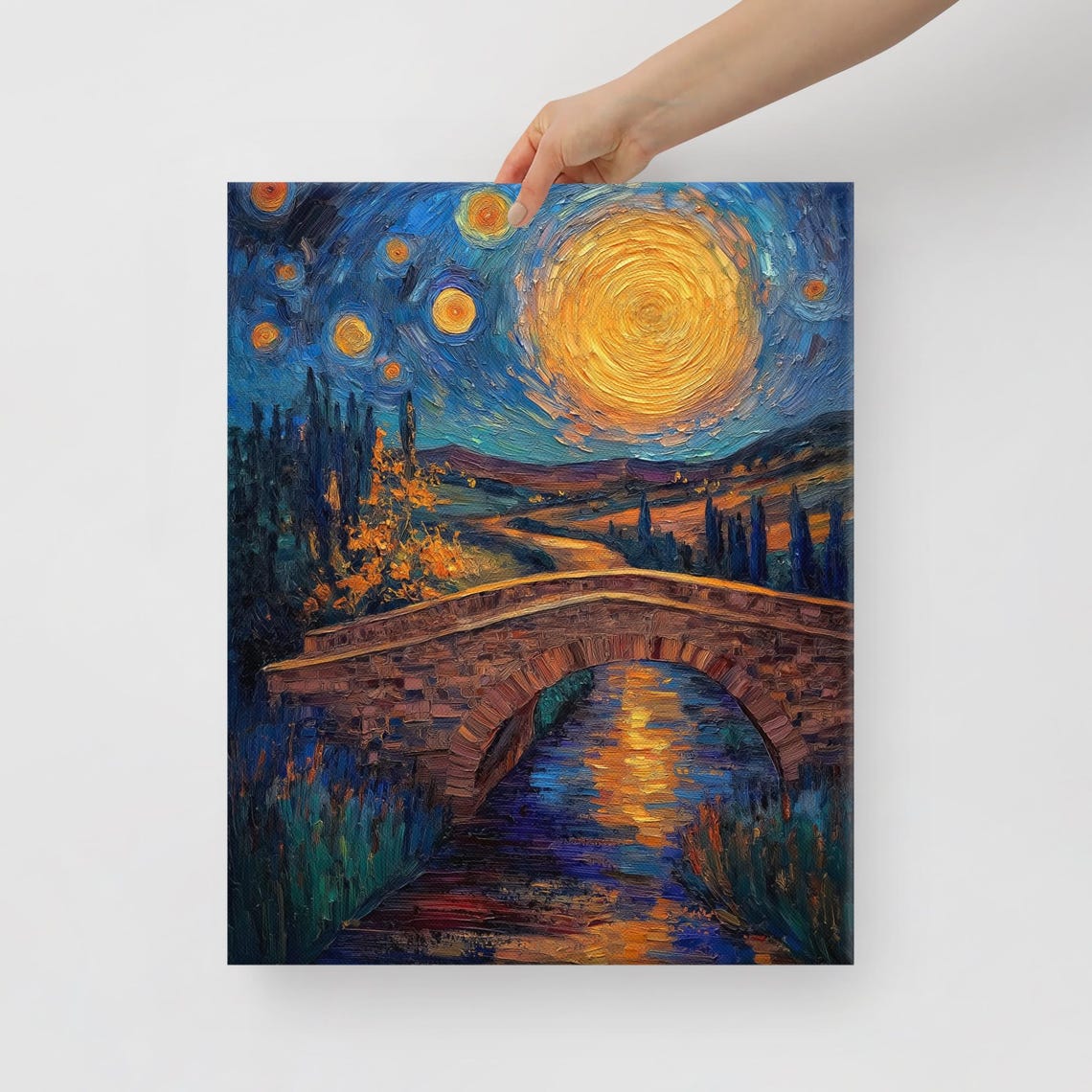 Van Gogh Style Starry Night Bridge Moonlit River Impressionist Poster - Image 5