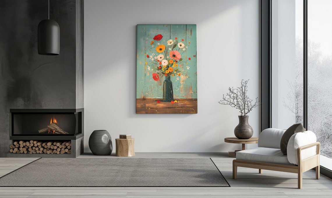 Rustic Flower Bouquet Vase Teal Still Life Country Farmhouse Poster - Image 2
