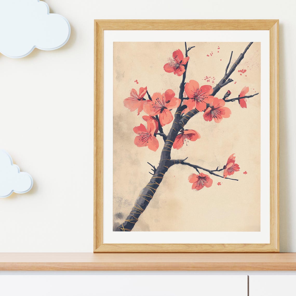 Red Cherry Blossom Branch Vintage Japanese Botanical Wall Art Poster - Image 2