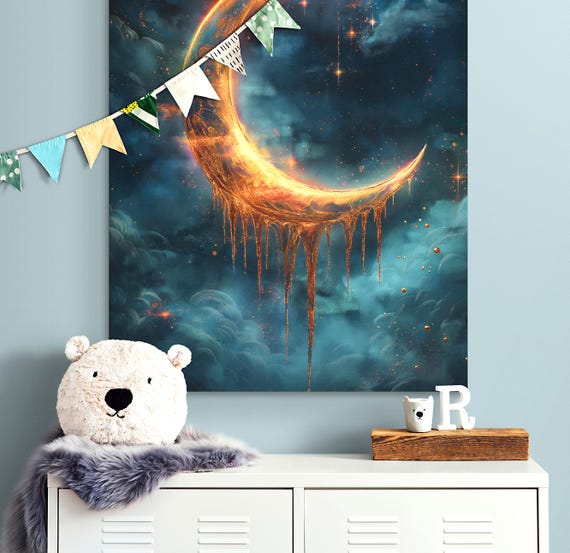 Crescent Moon Wall Print Dreamy Night Scene Dripping Gold Crescent Moon Lunar Home Decor Unique Ethereal Gifts Starry Night Scene