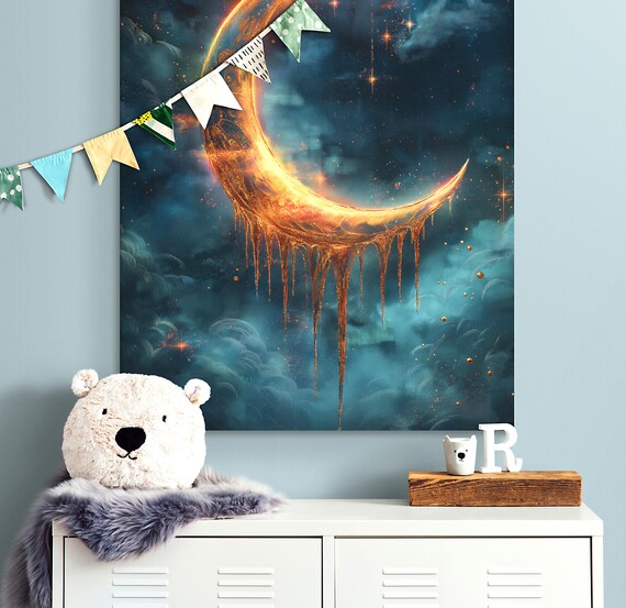 Dripping Gold Crescent Moon Starry Night Sky Dreamy Celestial Poster