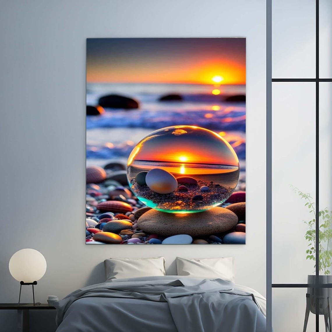 Crystal Ball Holding Ocean Sunset On Beach Pebbles Seaside Wall Art - Image 2