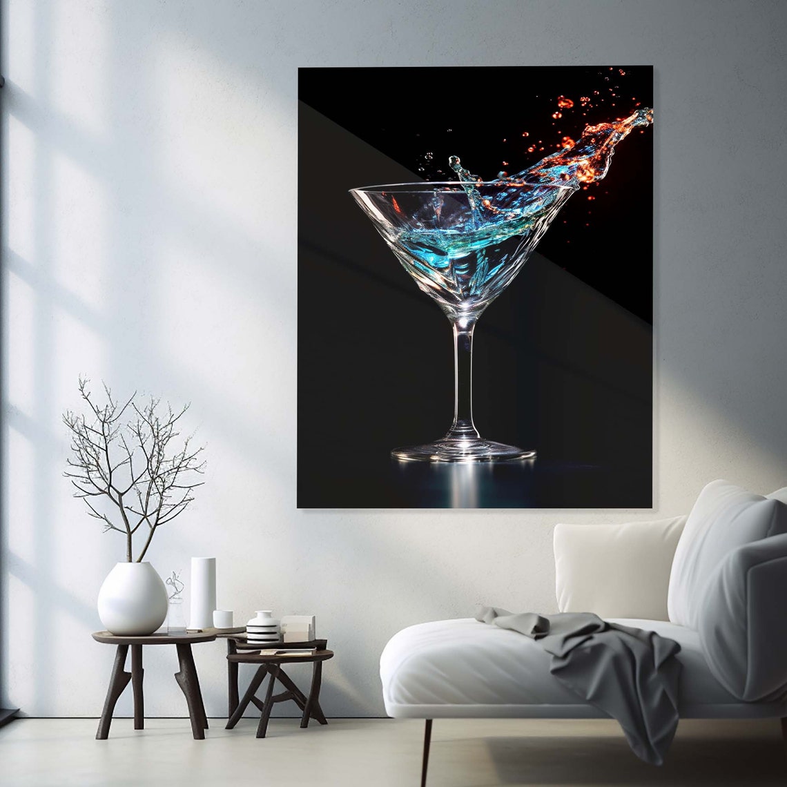 Blue Cocktail Splash Martini Glass Black Background Wall Art - Image 2